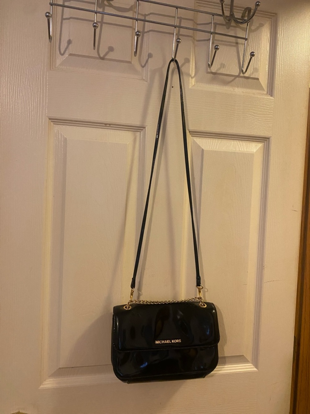 Michael Kors Black Patent Leather Crossbody with Gold Chain